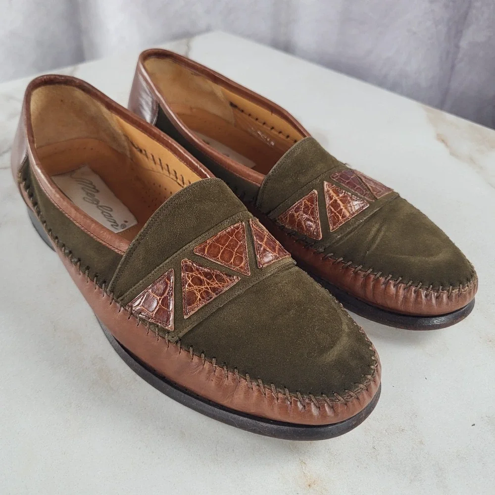 MEZLAN MORELLA Size 7 M Men's Suede Leather & Crocodile Loafers Olive
